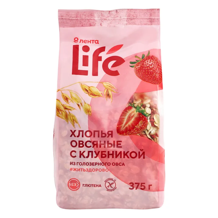 Лента Life. Хлопья овсяные из голозерного овса без содержания глютена с добавлением клубники "Сташевское"