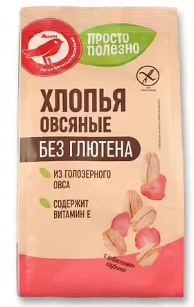 Ашан. Хлопья овсяные из голозерного овса без содержания глютена с добавлением клубники "Сташевское"