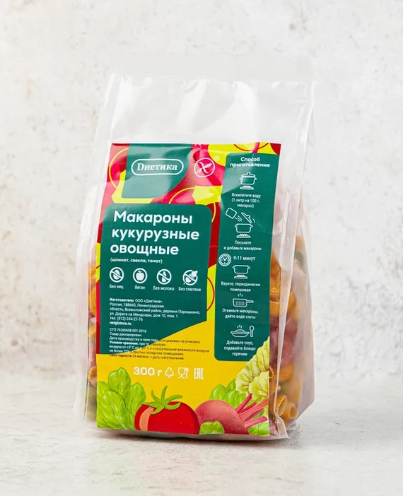 Макаронные изделия из кукурузной муки с овощами (шпинат, свекла, томат), Рожок большой
