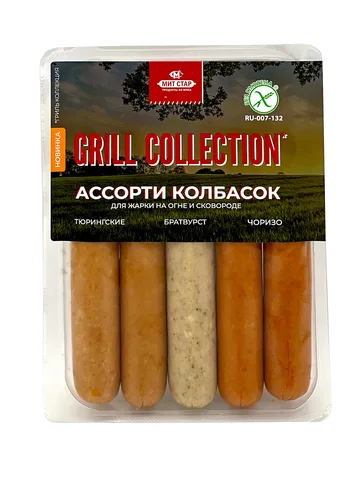 Колбаски в/к «Ассорти колбасок Братвурст, Тюрингские, Чоризо»